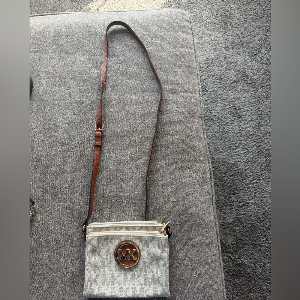 Michael Kors Cream Monogram Crossbody with Brown Strap and Gold Logo